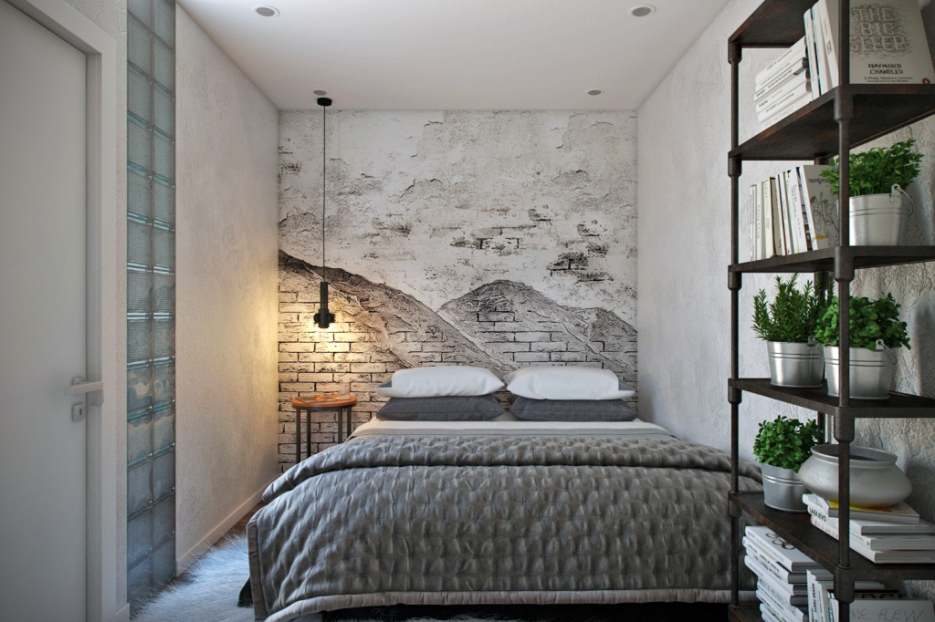 Спальня в стиле лофт с живыми растениями в интерьере