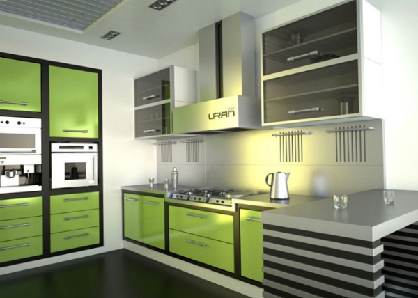 Серый, зеленый и белый цвета в интерьере кухни