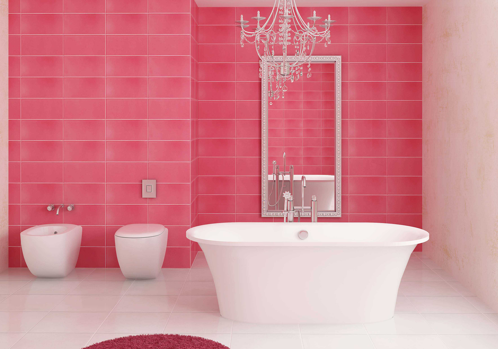 Розовая плитка и коврик в ванной