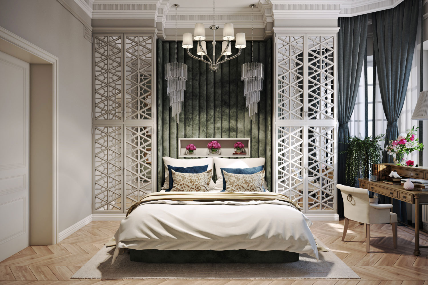 Интерьер спальни в классическом стиле с люстрой