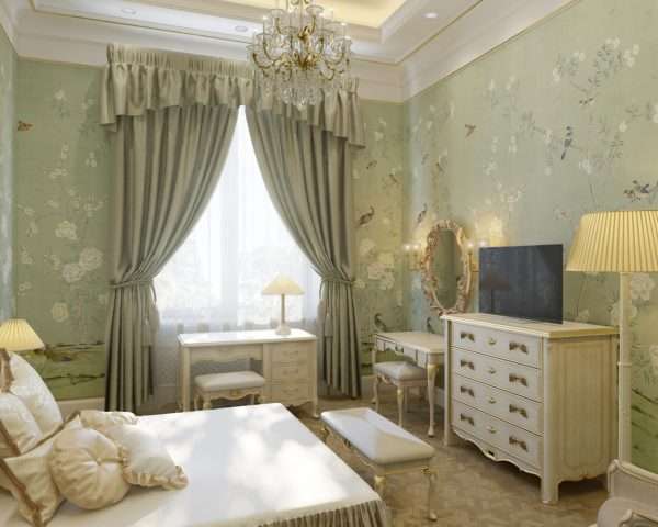Дизайн небольшой спальни в классическом стиле в фисташковых тонах