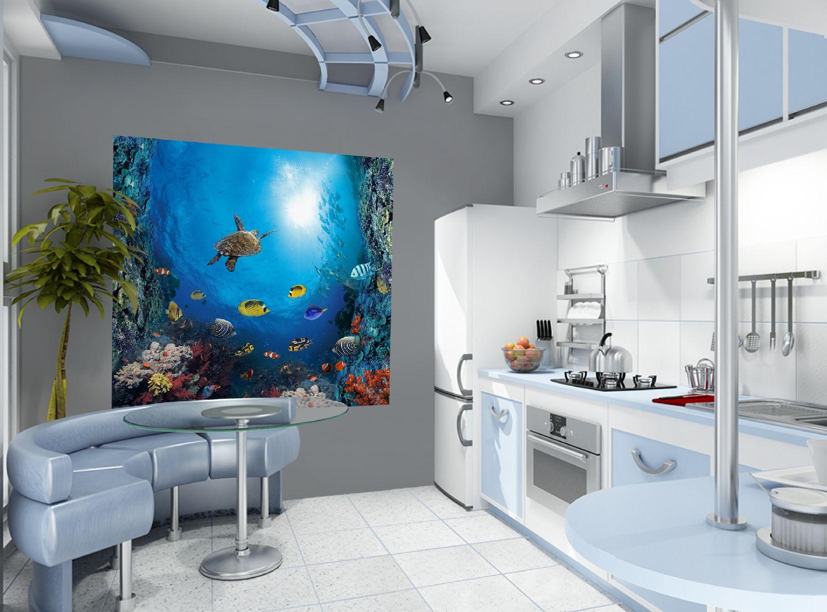 3d обои с изображением океана на кухне