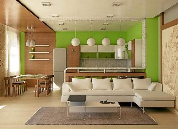 Дизайн проект квартиры студии 25 кв м в белом, зеленом и коричневом тонах