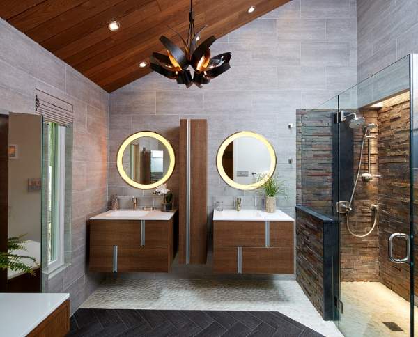 Красивые ванные комнаты - фото отделки деревом и камнем