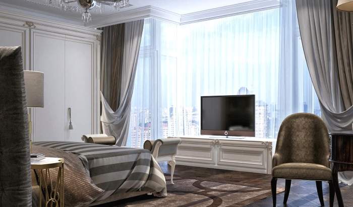 Дизайн спальни в квартире с панорамными окнами - фото интерьера