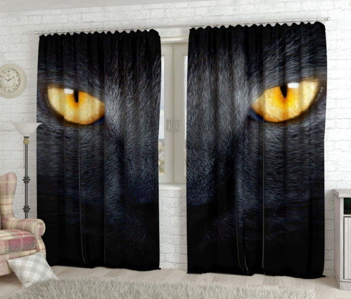 длинные 3д шторы с изображением кошачих глаз