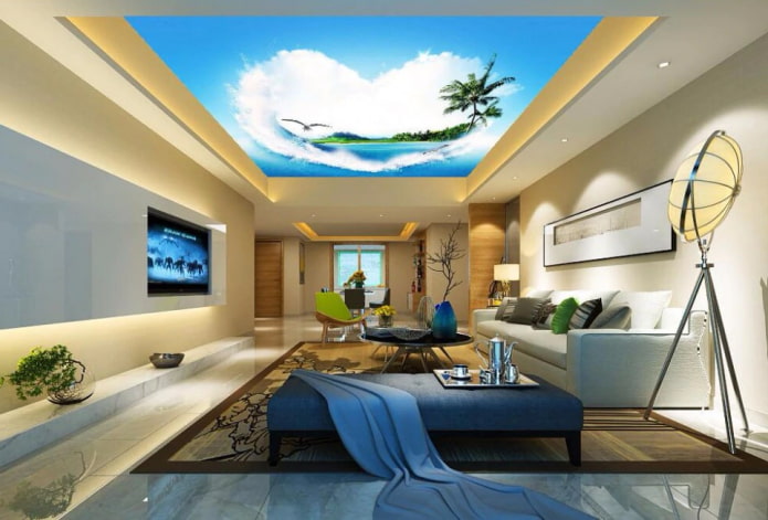 потолок с изображением пляжа в гостиной