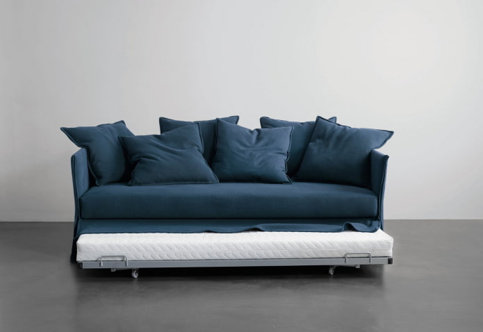 выкатной диван синего цвета в интерьере