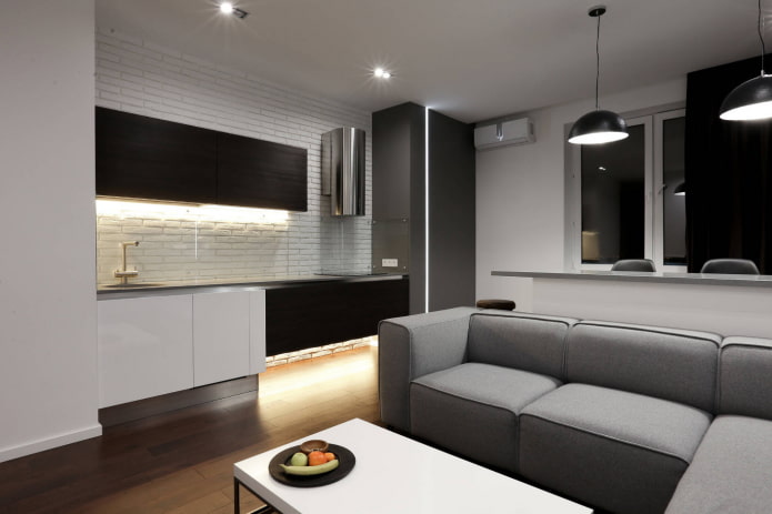 диван в интерьере кухни в стиле минимализм