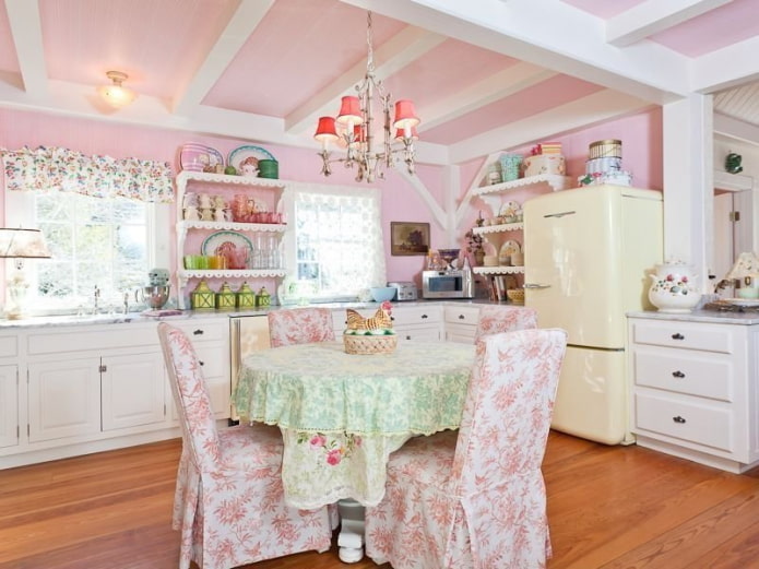 розовый интерьер кухни в стиле шебби-шик
