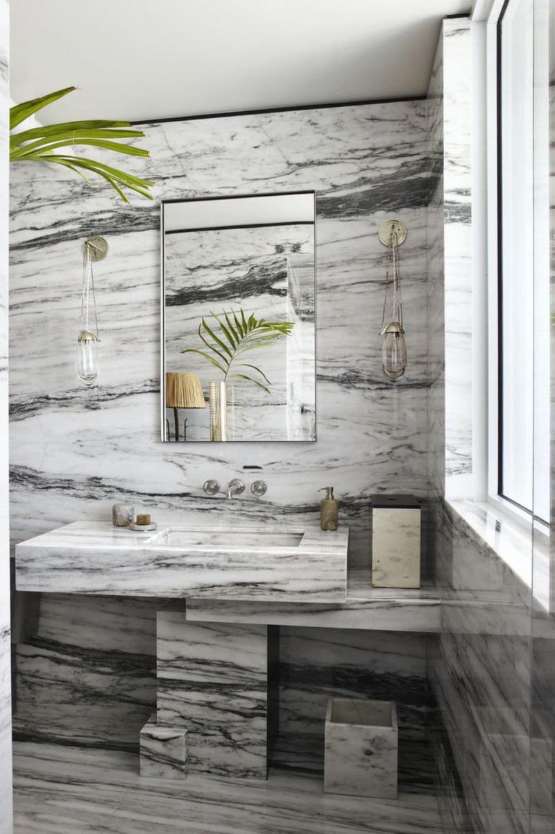 Оформление стен в ванной 2019 серый мрамор 1