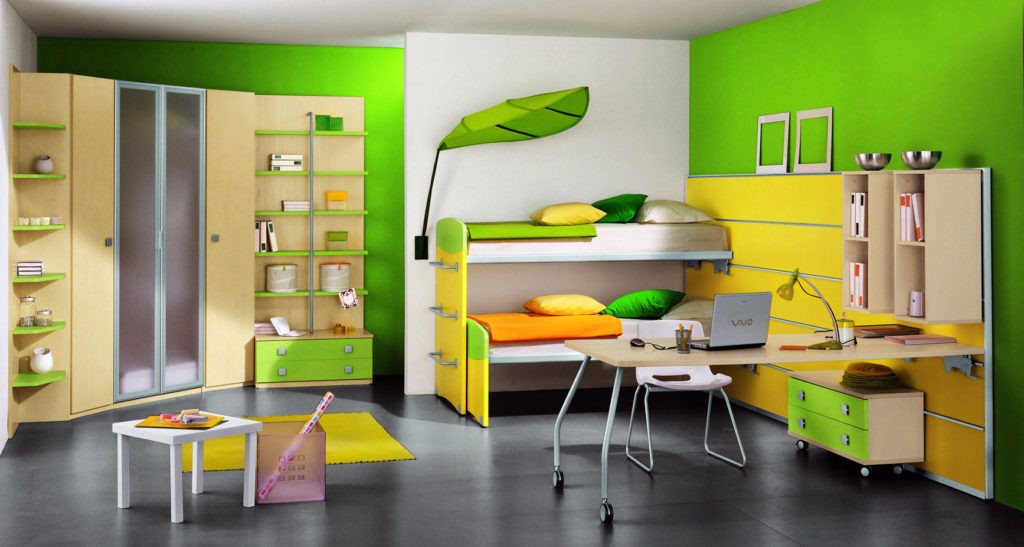 Дизайн детской комнаты для двух разнополых детей этажерки
