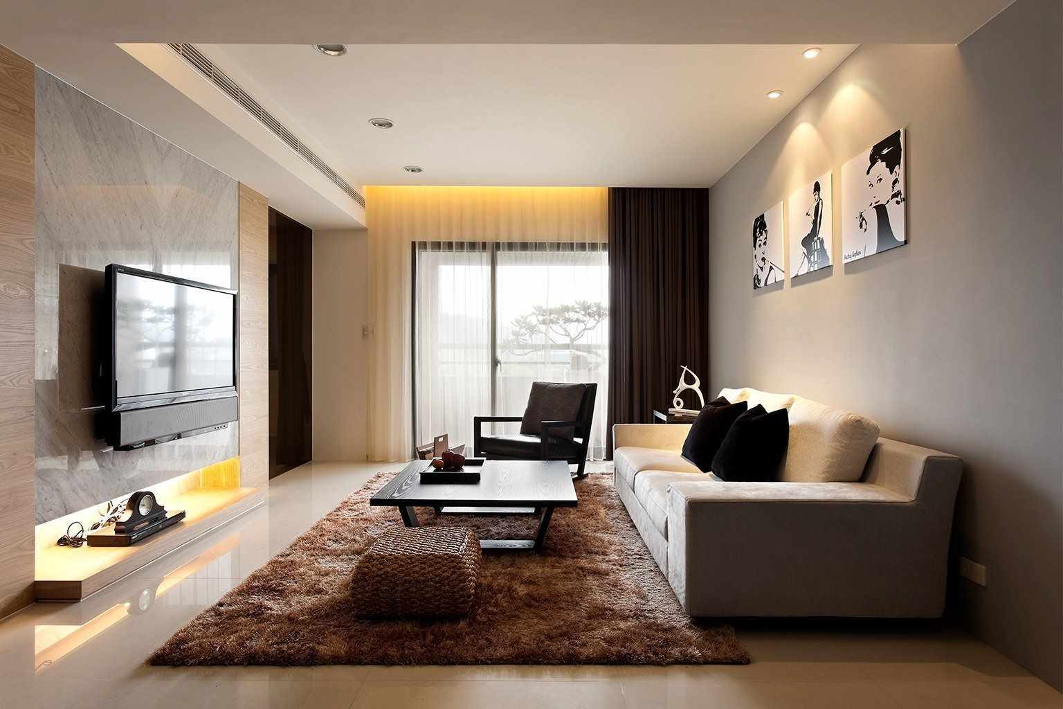 пример применения необычного дизайна гостиной комнаты в стиле минимализм