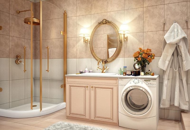Интерьер модной ванной комнаты в классическом стиле