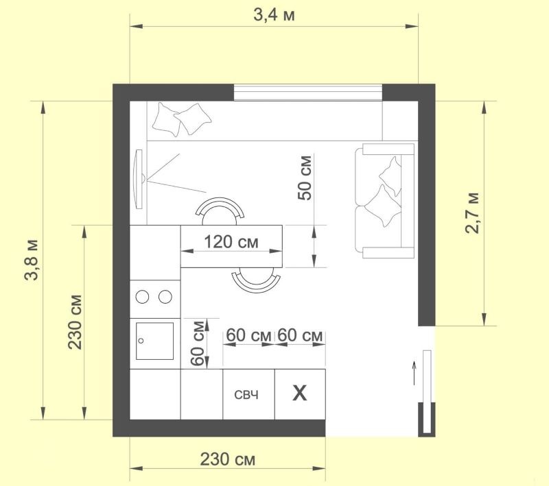 Схема размещения мебели и техники на кухне площадью в 12 кв метров