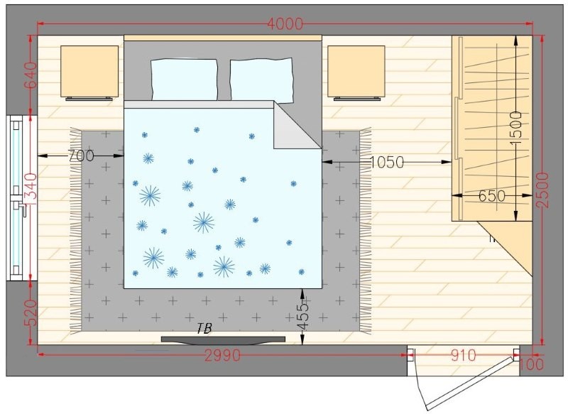 Схема спальни площадью в 10 квадратных метров