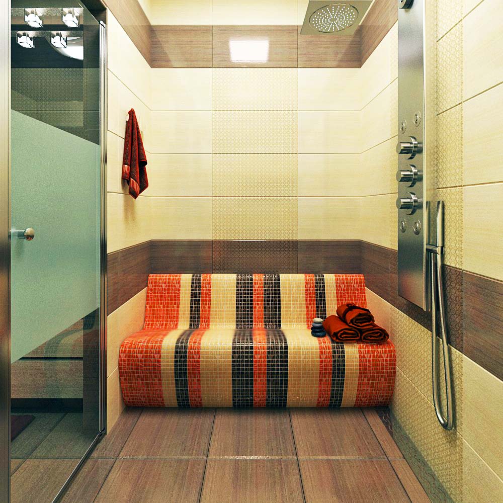 Мозаичная плитка на каменной скамье в ванной турецкого стиля