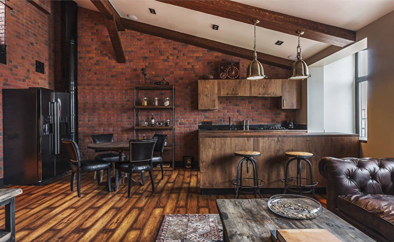 Деревянная мебель в кухне-гостиной стиля лофт