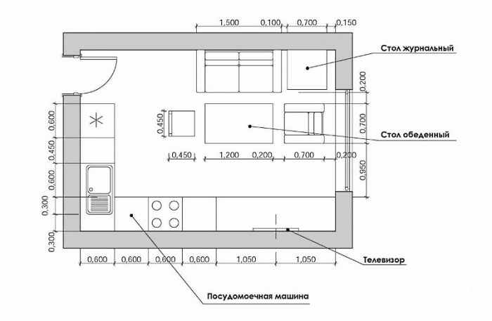 План-схема кухни-гостиной с угловым гарнитуром