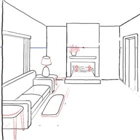 Рисование мелких деталей интерьера кухни-гостиной