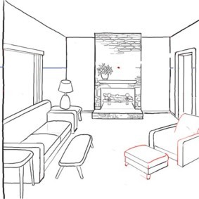 Рисунок кухни гостиной с диваном и креслом