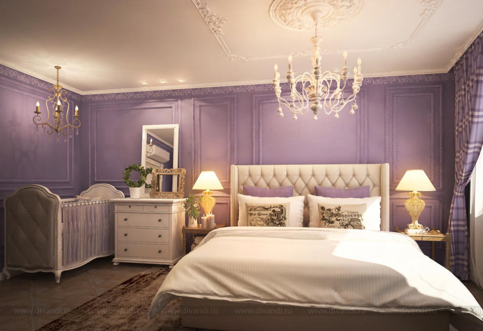 Фиолетовые стены спальни в стиле классика