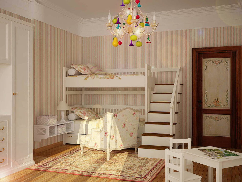 Двухспальная кровать в детской деревенского стиля