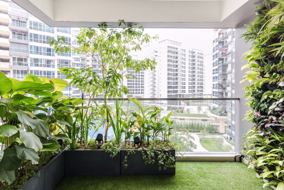 Зеленые растения на лоджии многоэтажного дома
