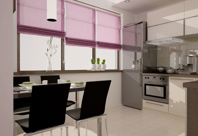 Дизайн интерьера: кухня и фиолетовые шторы