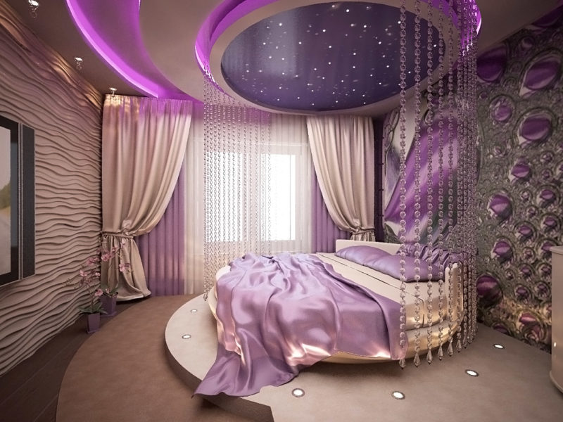 Фиолетовые шторы в оформлении помещения