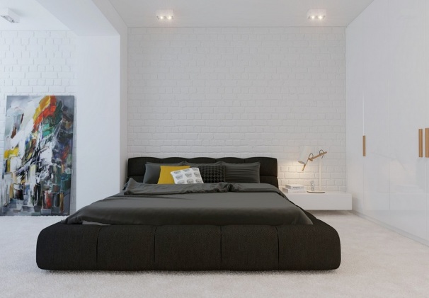 Спальня в стиле минимализм с кирпичной стеной