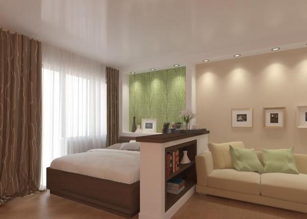 Спальную зону в однокомнатной квартире можно выделить обоями другого цвета, который будет сочетаться с основным оттенком стен
