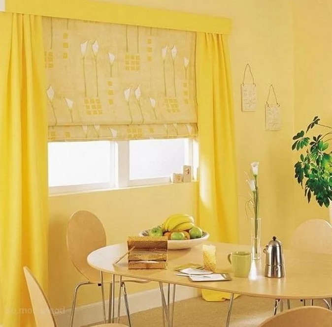 желтая римская шторы в кухне с желтыми обоями