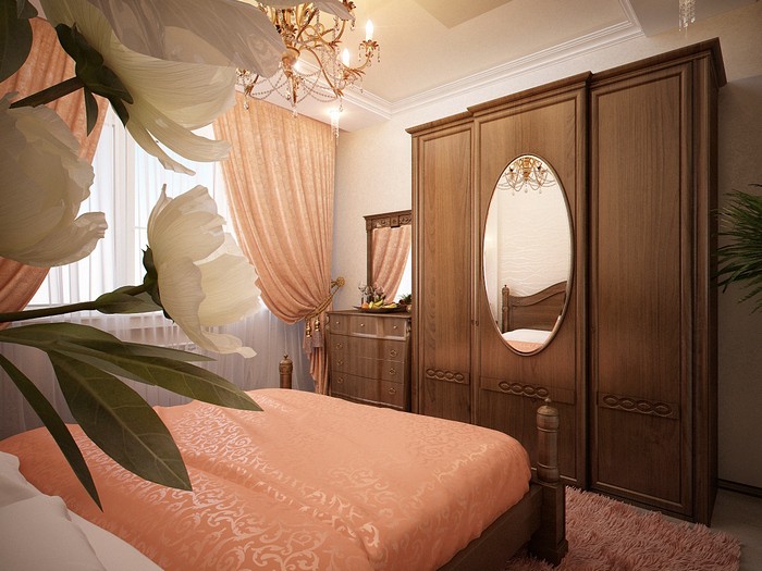 шторы персикового цвета в спальне