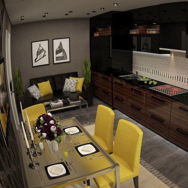 Около барной стойки, отделяющей зону кухни от гостиной, можно расположить диван. Такой дизайн прост и удобен