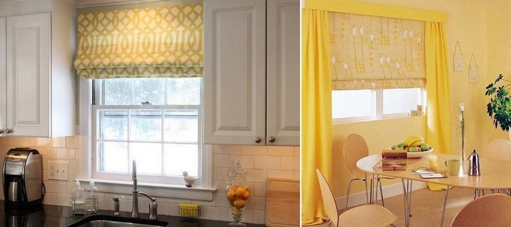 Желтый текстиль в интерьере кухни способствует улучшению дневного освещения