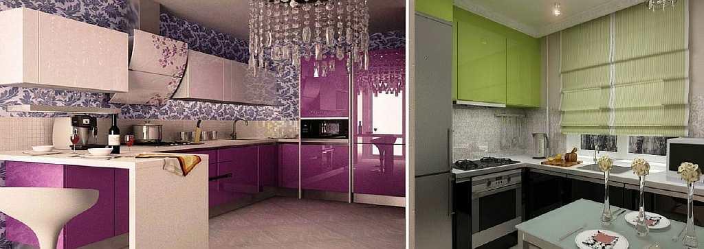 В угловой кухне можно поклеить яркие обои: будет создан огромный контраст между двумя перпендикулярными стенами и остальной комнатой