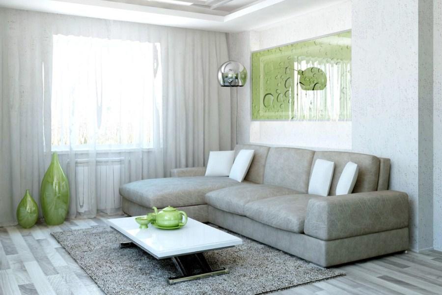 Серый диван в интерьере комнаты можно органично сочетать с яркими элементами декора