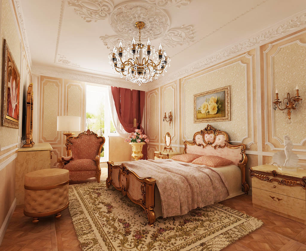 Оформив спальню в стиле барокко с помощью недорогих строительных материалов и мебели, она будет выглядеть очень плохо и не уютно 