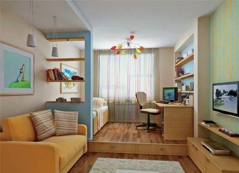 Стильно обустроить гостиную и детскую в одной комнате можно при помощи правильного зонирования