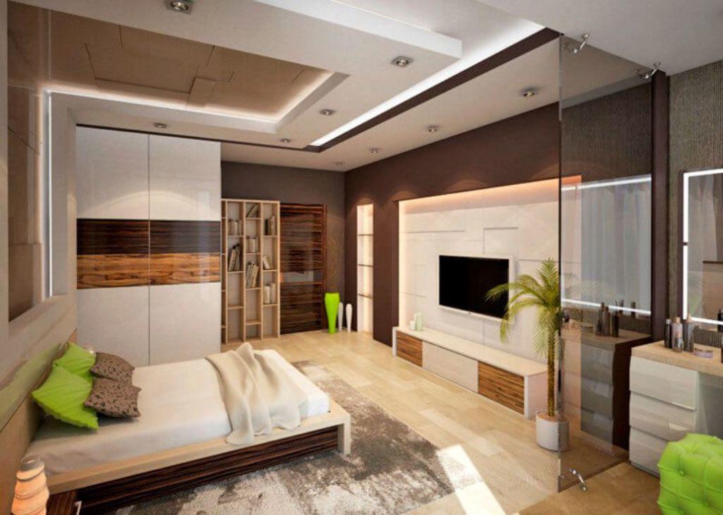 Используя разноуровневый потолок, можно быстро разделить пространство спальни на несколько функциональных зон