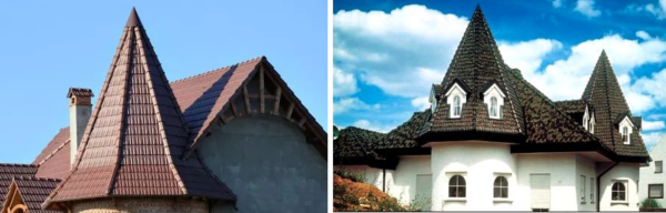 Шпилеобразные крыши очень декоративны, но сложны в монтаже