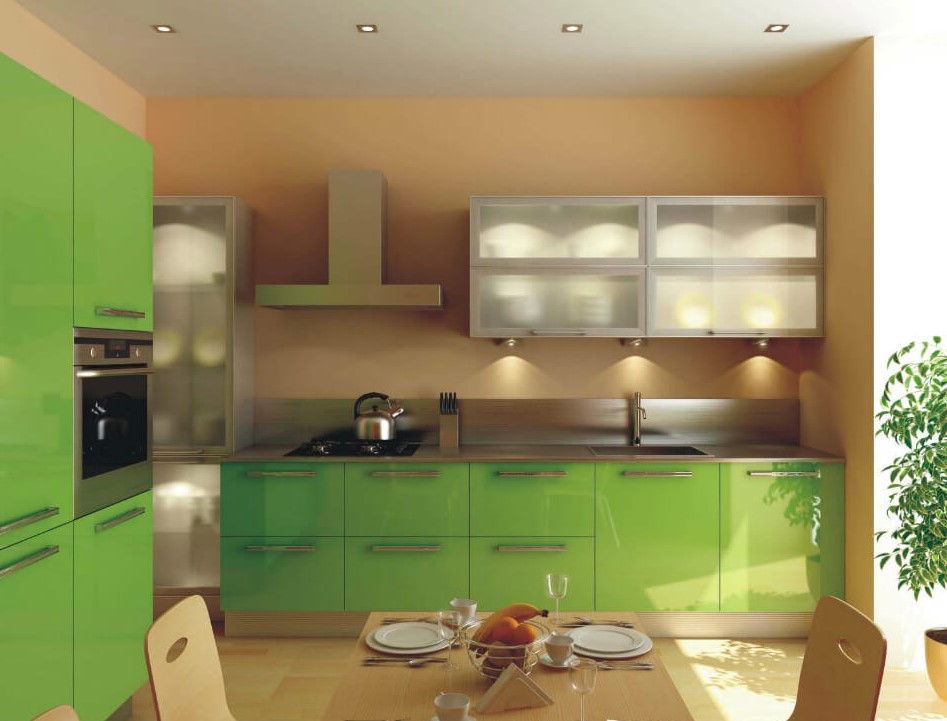 Зеленый кухонный гарнитур с глянцевым пластиковым покрытием фасадов