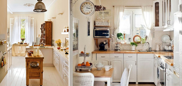 Белые и короткие шторы в интерьере кухни в стиле прованс