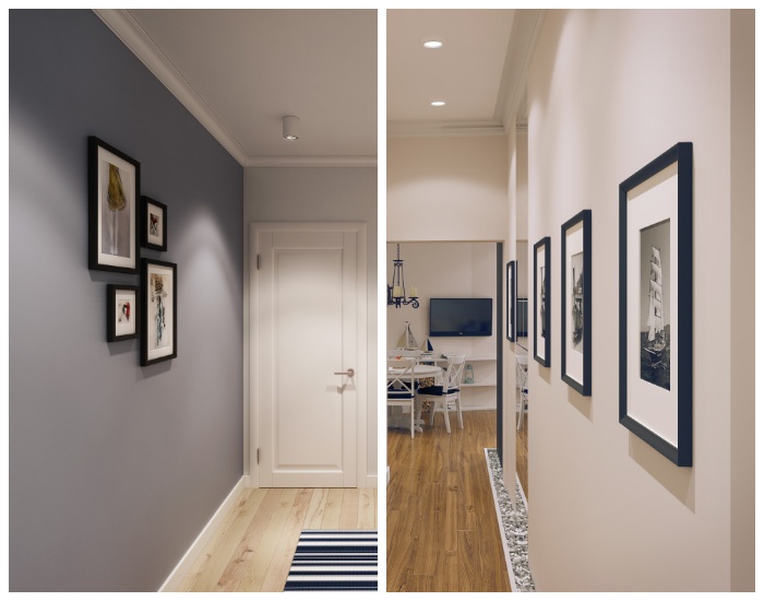 Задействование стен коридора с помощью картин и фотографий в рамках. 