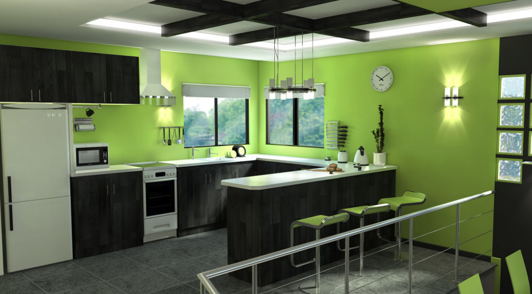 Интерьер кухни в черном и зеленом цвете