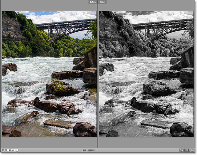 Comparing a color and black and white version of the image in Camera Raw. 