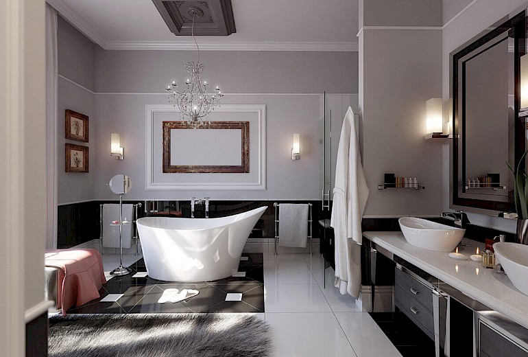 Классическое сочетание белого и черного — отличный вариант для оформления ванной комнаты