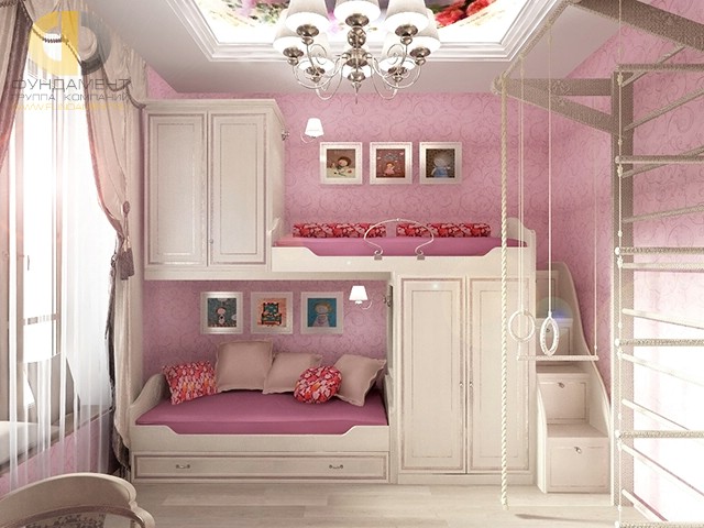 Дизайн детской комнаты для девочки. Фото интерьера с двухъярусной конструкцией