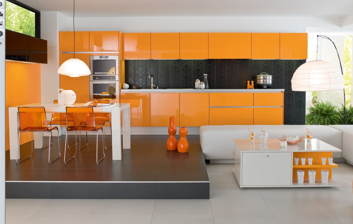 Яркая оранжевая кухня с подиумом в стиле модерн